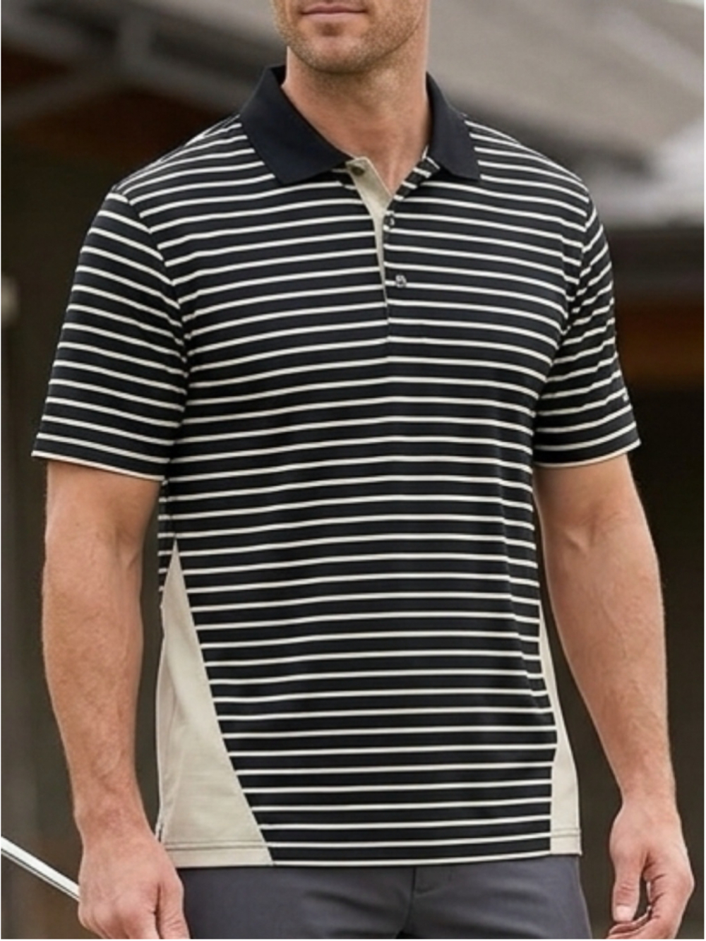 Classic Black & crème Striped Men’s Golf Polo classy sporty casual travel 1532